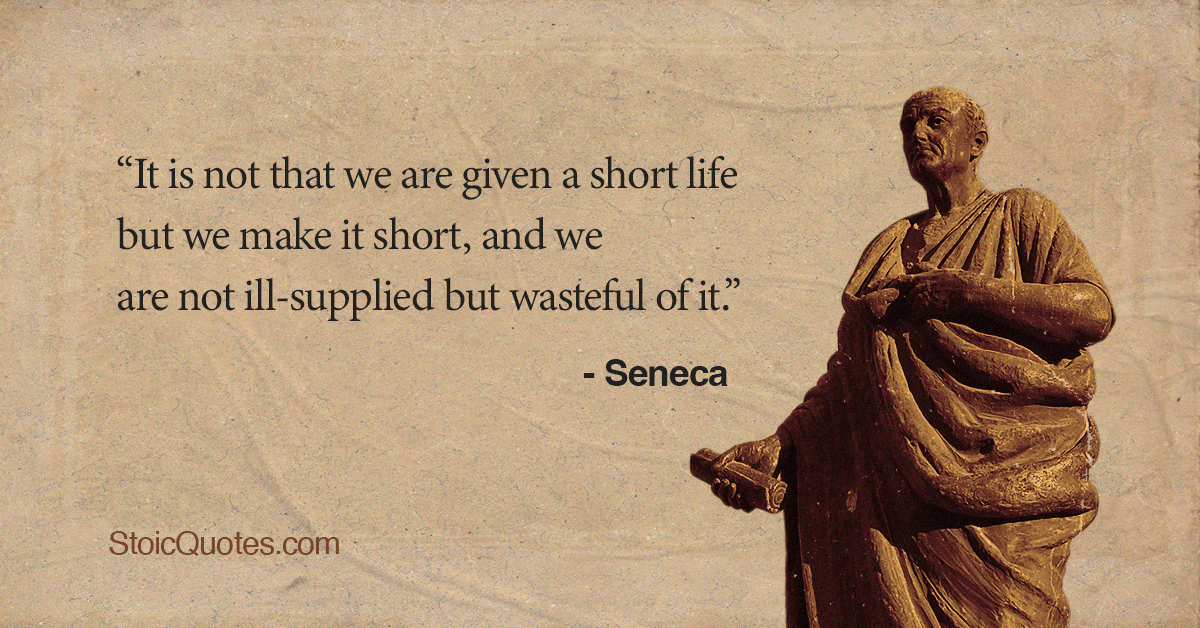 Seneca statue with quote about wasting life