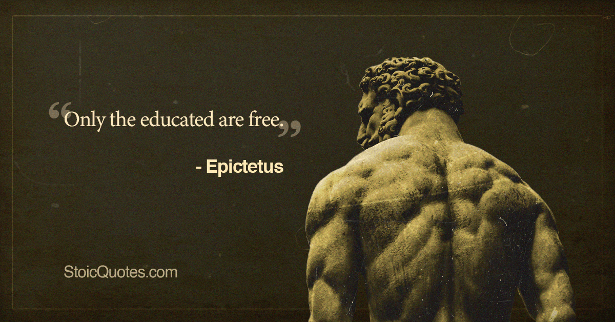 Epictetus quote on education and freedom with image of epictetus